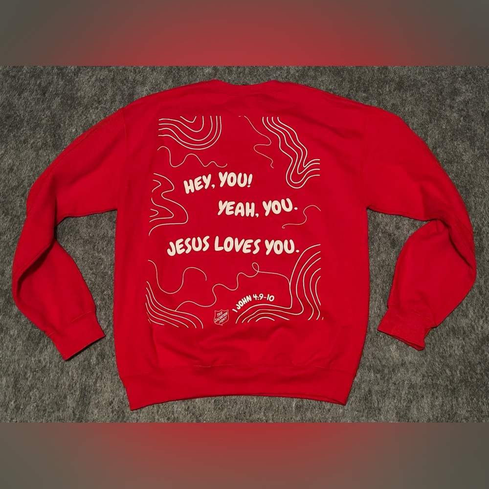 Vintage Men's The Salvation Army Jesus Loves You Red/White Sweatshirt - Medium